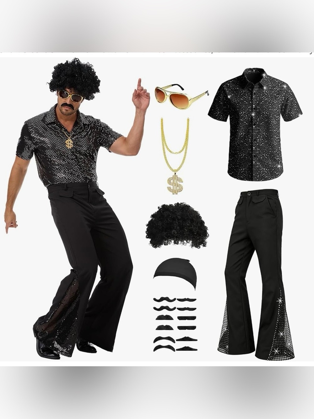 Mens 70s Disco Outfit,Short Sleeve Shirt & Bell Bottoms W 70s Accessories L